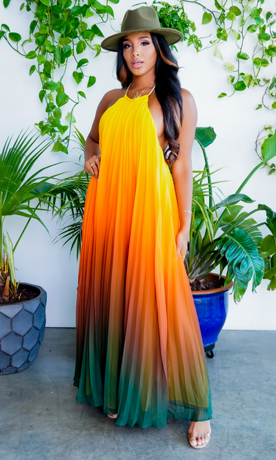 Ombre Sunset Pleated Halter Dress | Maxi Dress - Cutely Covered