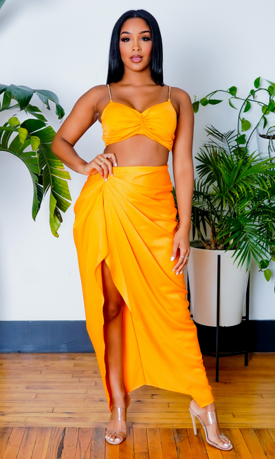 Flewed Out | Two Piece Satin Set - Orange - Cutely Covered