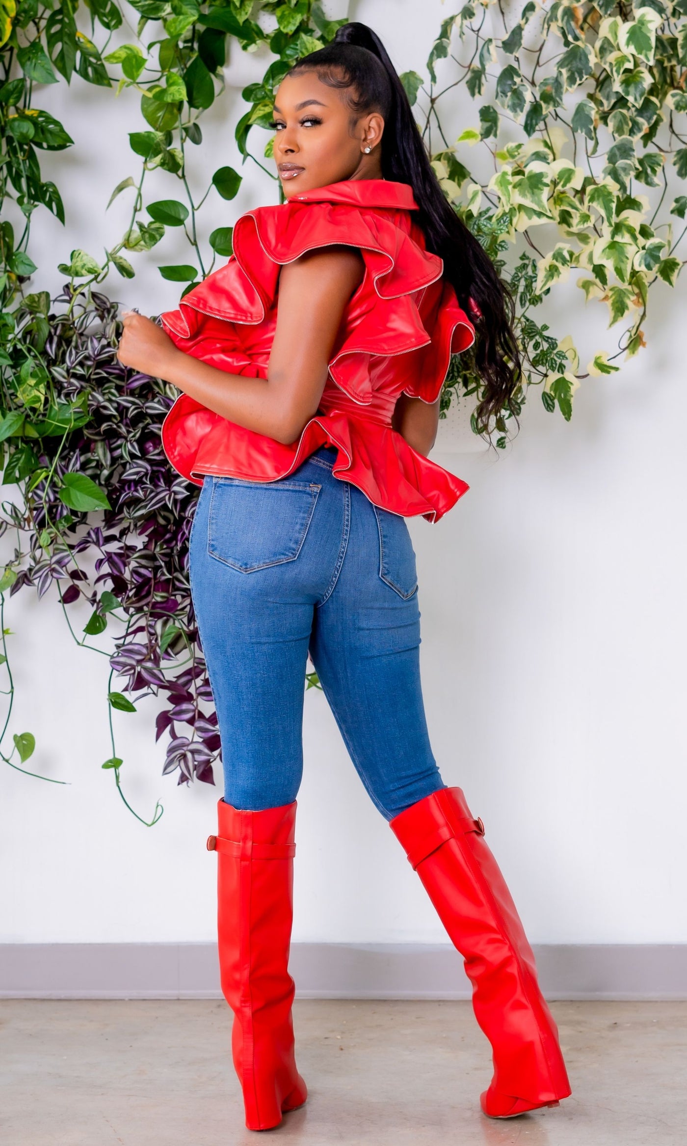 Going Live Sleeveless Vegan Leather Ruffle Jacket - Red - Cutely Covered