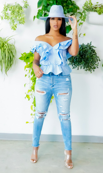 Blue off the shoulder top FINAL SALE - Cutely Covered