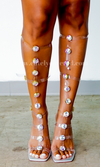 Rhinestone Transparent Knee-High Gladiator Heels - Cutely Covered