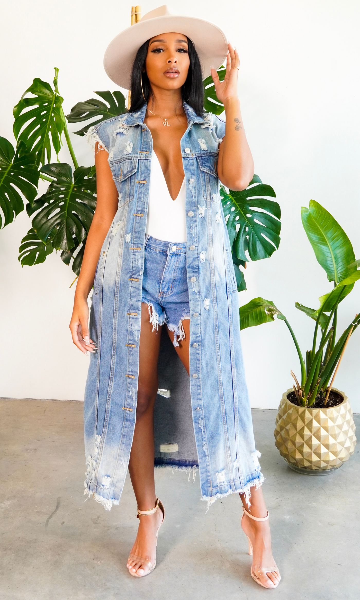 She's a Fashionista | Distressed Denim Long Vest - Cutely Covered