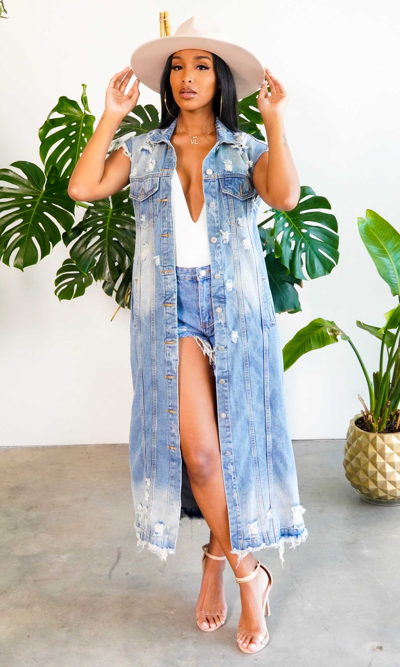 She's a Fashionista | Distressed Denim Long Vest - Cutely Covered