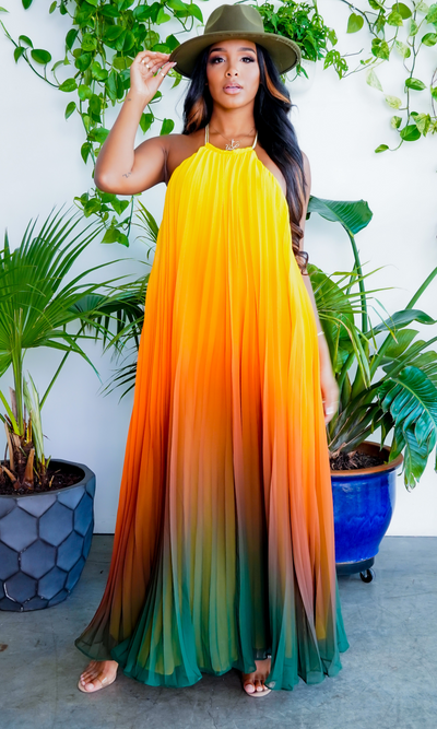 Ombre Sunset Pleated Halter Dress | Maxi Dress - Cutely Covered