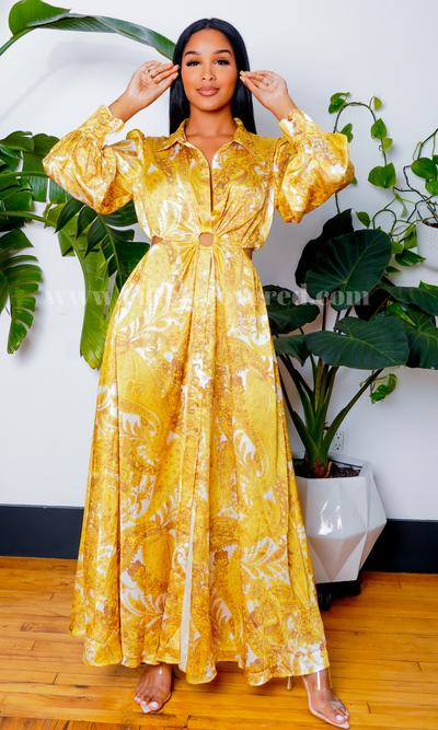 O Ring Gold Print Dress - Cutely Covered