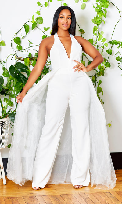 Twirl Halter Tulle Jumpsuit | White - Cutely Covered