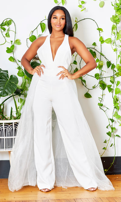 Twirl Halter Tulle Jumpsuit | White - Cutely Covered