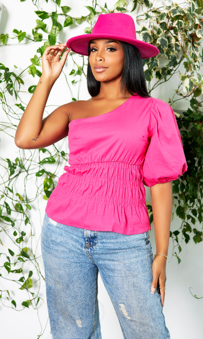 One Shoulder Balloon Linen Top - Pink - Cutely Covered