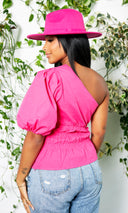 One Shoulder Balloon Linen Top - Pink - Cutely Covered