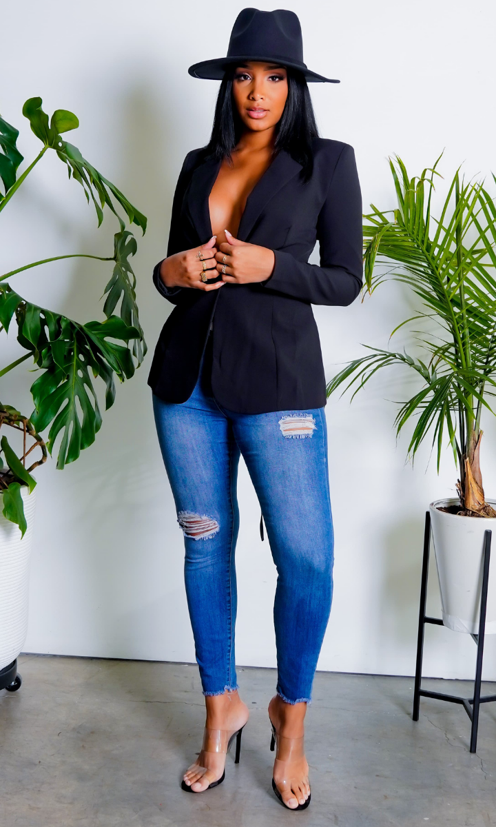 Black Fitted Lace Up Back Blazer, Two Piece Sets