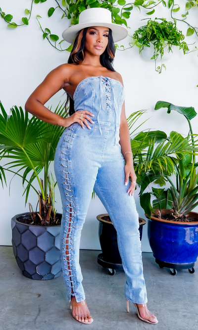 Lace Up Denim Jumpsuit - Cutely Covered