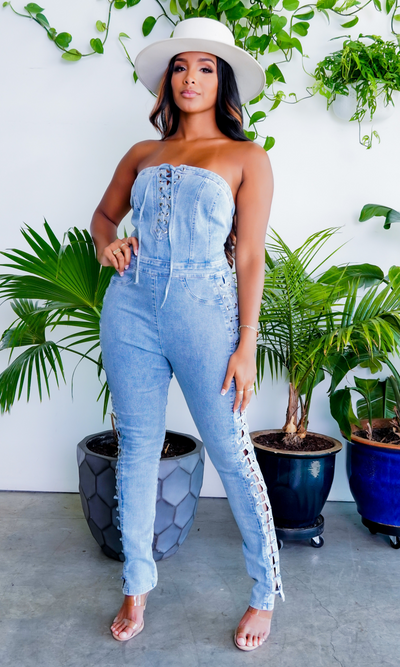 Lace Up Denim Jumpsuit - Cutely Covered