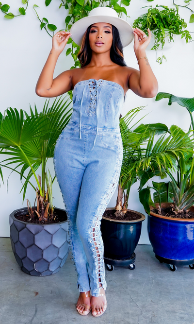 Lace Up Denim Jumpsuit Cutely Covered