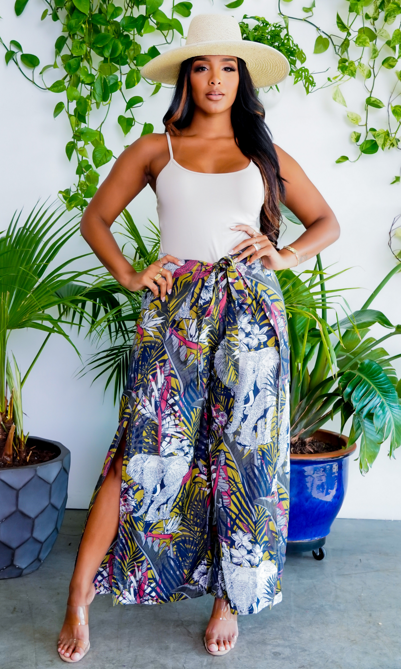Tropical Palm Printed Stretch Pants - Cutely Covered