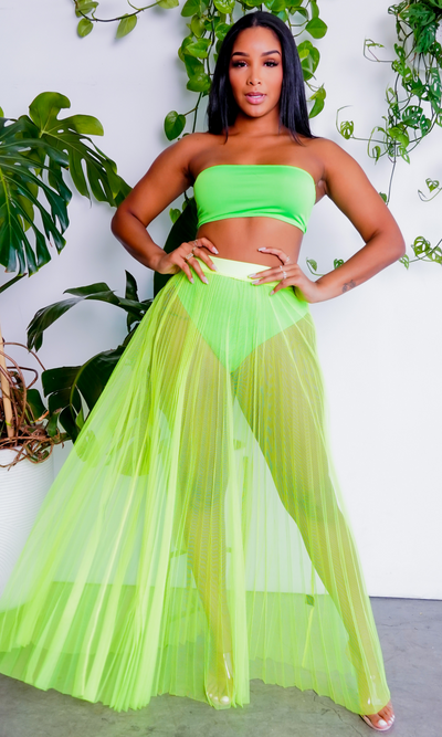 Fun In The Sun | Bandeau Bikini Skirt Set - Neon Lime - Cutely Covered