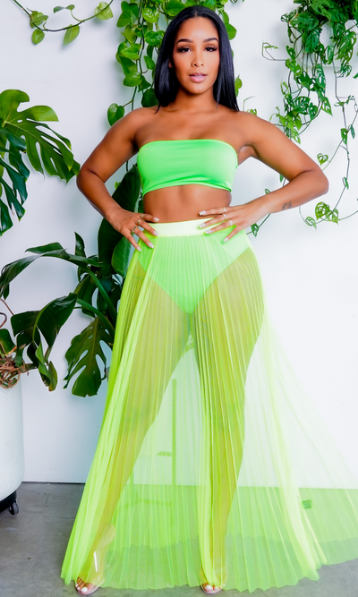 Fun In The Sun | Bandeau Bikini Skirt Set - Neon Lime - Cutely Covered