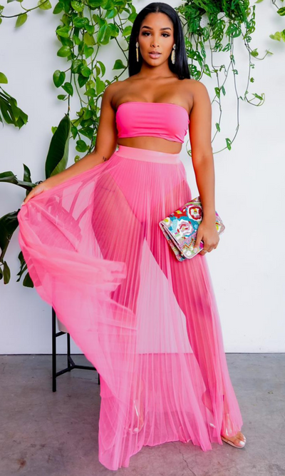 Fun In The Sun | Bandeau Bikini Skirt Set - Pink - Cutely Covered