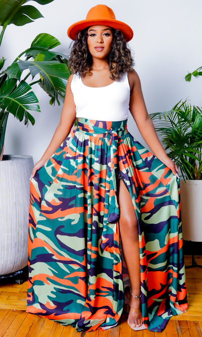 Camo Green Multi Printed Maxi Skirt - Cutely Covered