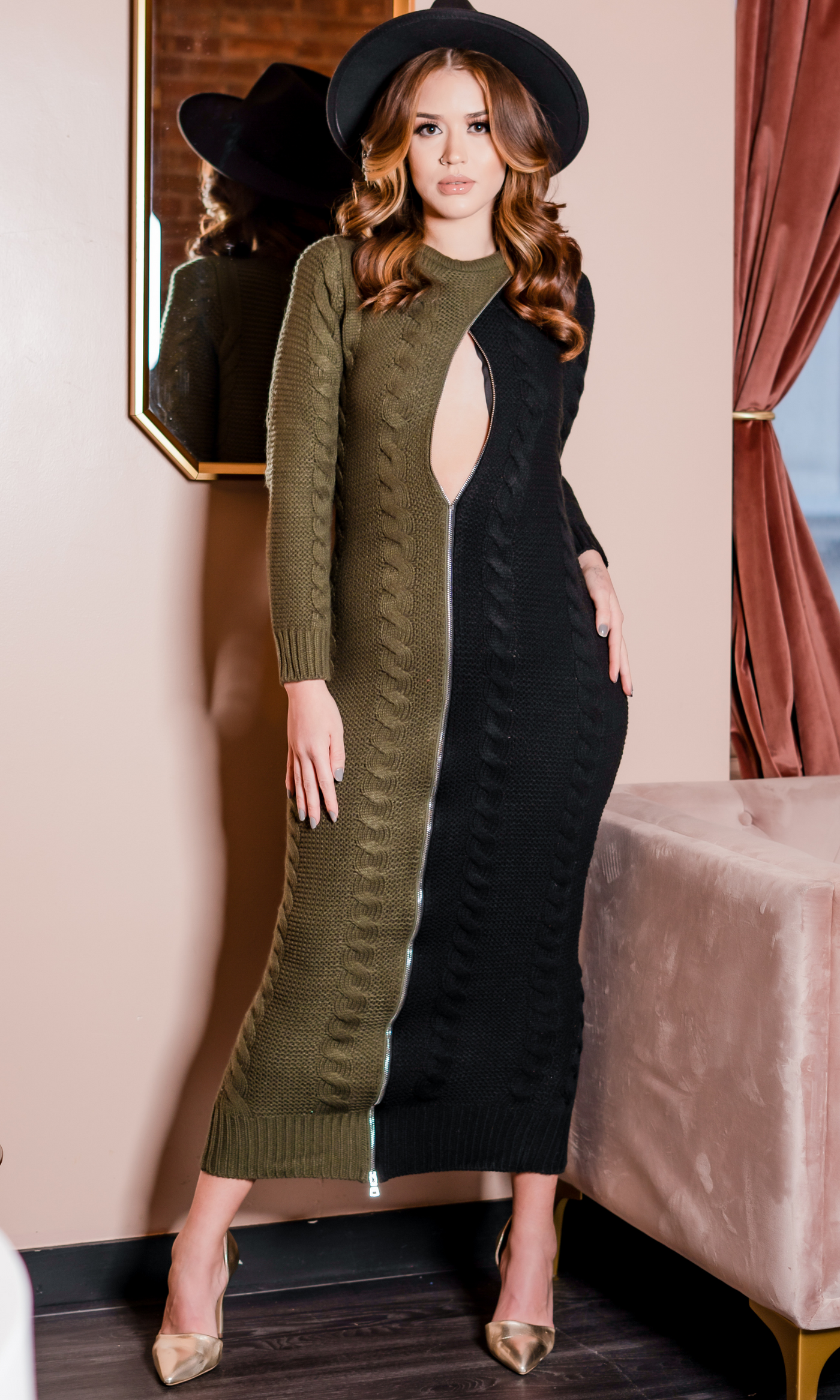 Already Gone Front Zip Maxi - Forest Green/Black FINAL SALE - Cutely Covered