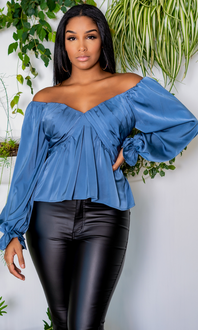 Your Favorite Balloon Sleeve Top - Deep Blue - Cutely Covered