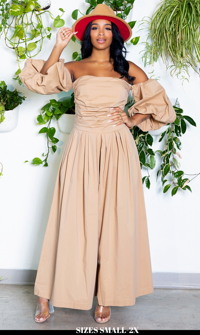 Wide Leg Off The Shoulder Jumpsuit | Tan - Cutely Covered