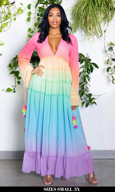 Alicia | Ruffle Ombre Maxi Dress  - Rainbow - Cutely Covered