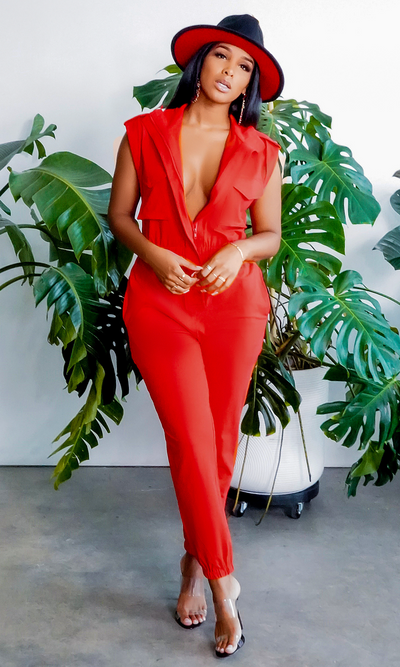 At Ease Jumpsuit - Red PREORDER Ships end of June - Cutely Covered