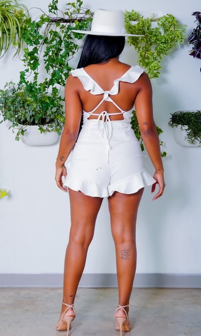 White Denim Ruffle Romper - Cutely Covered